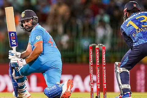 Rohit Sharma plays a shot against Sri Lanka